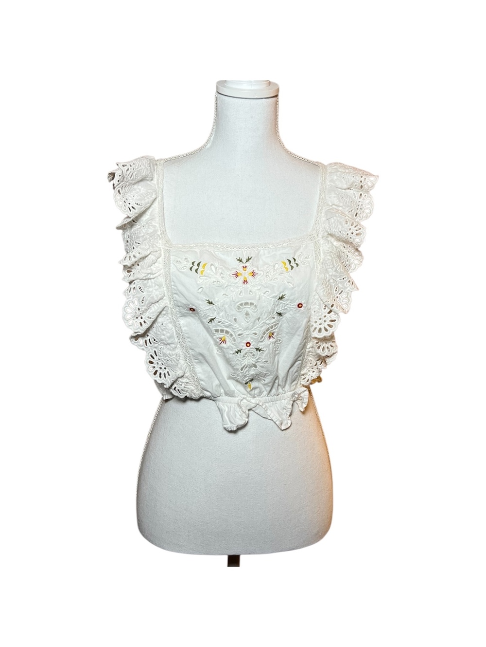 ZARA White Floral Embroidered Eyelet Ruffle Crop Top Cottagecore Boho XS